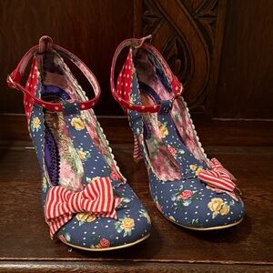 Irregular Choice Blue Floral Heels with Red Stripes size 12